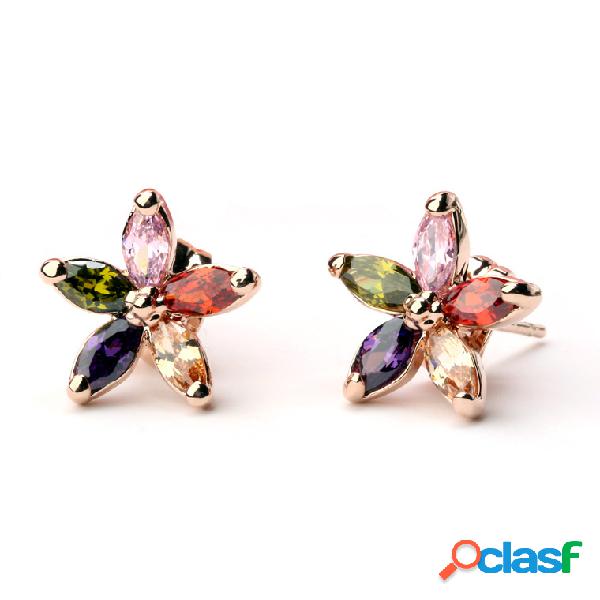 Luxo Rose Gold Earrings Brincos de Zircônia Flor Colorida