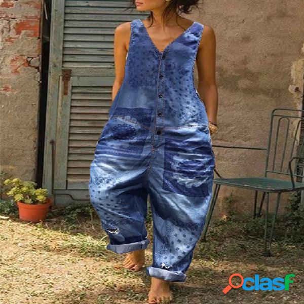 Macacão sem mangas com estampa de denim para mulheres