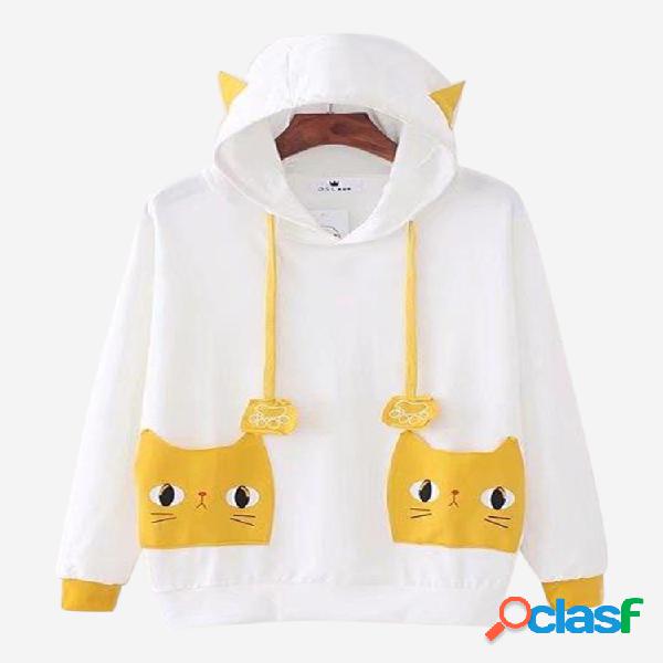 Manga comprida gato impressão decoração Pullover queda