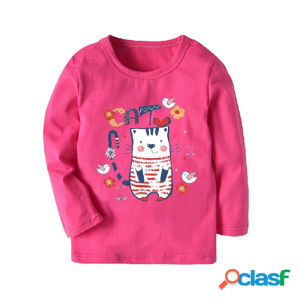 Manga longa crianças meninas camiseta para meninas gato dos