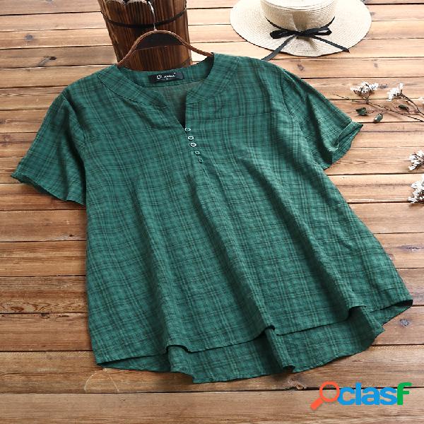 Manta de botão com decote em v manga curta Plus Blusa de