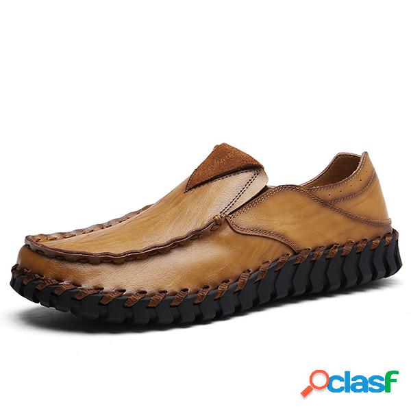 Men Hand Stitching Leather Soft Slip On Casual Loafers