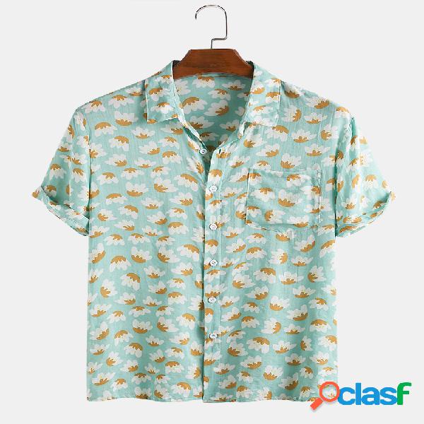 Mens 100% Algodão Floral Estampado Casual Férias Manga