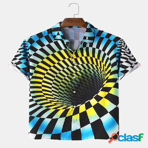 Mens 3D Visual Colorblock Plaid Printed Camisas de manga