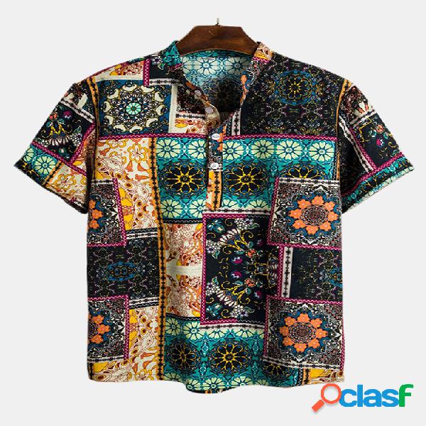 Mens Abstract Geometric Padrão Impresso manga curta gola