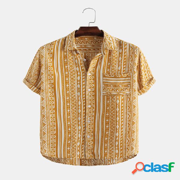 Mens Bohemia Étnica Impresso Bolso no peito Loose Turn-down