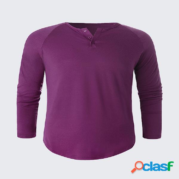 Mens Brief Botões O-collar T-shirt Respirável Manga Longa