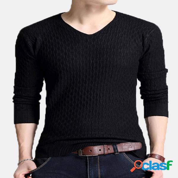 Mens Brief Solid Color V-neck manga comprida Slim Fit Casual