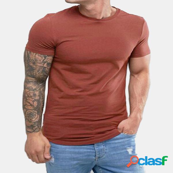 Mens Básico Algodão Respirável O-pescoço Cor sólida