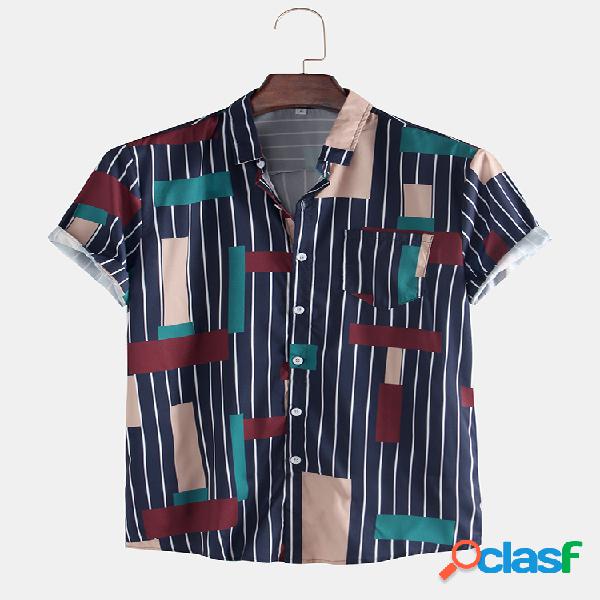 Mens Business Striped Print Colorblock Camisas de manga