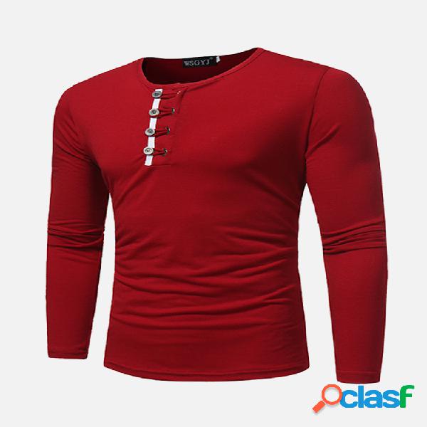 Mens Button Decoração Solid Color O-pescoço mangas