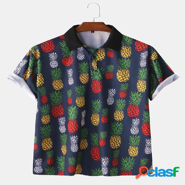 Mens Casual Abacaxi Impresso Manga Curta Slim Fit Camisas