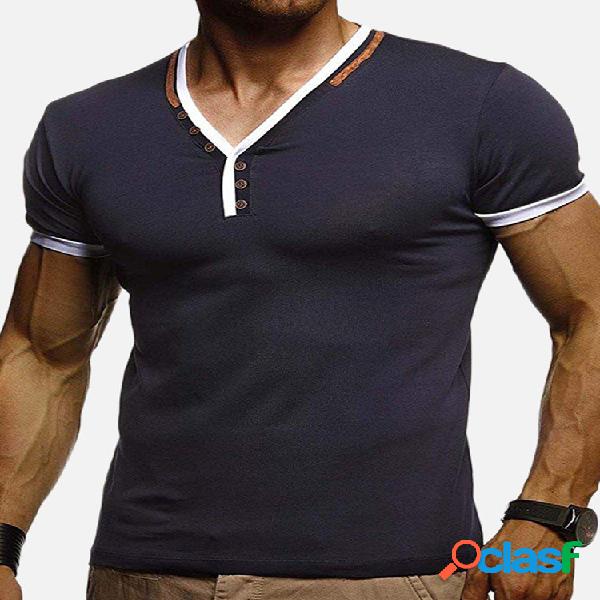 Mens Casual Contast Color V-Neck manga curta Slim Comfy