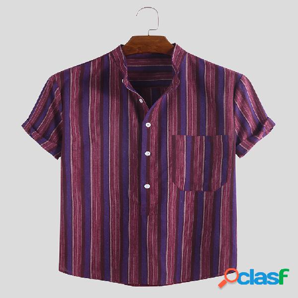 Mens Casual Daily Wild Striped Stand Collar Manga curta