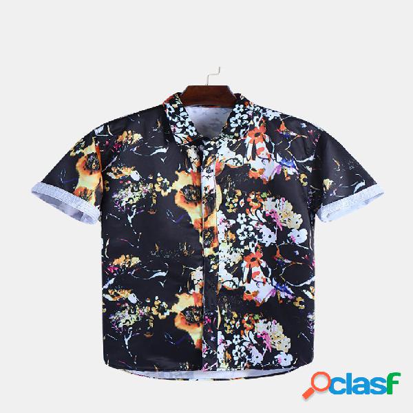 Mens Casual Holiday Floral Impresso Turn-down Collar Manga