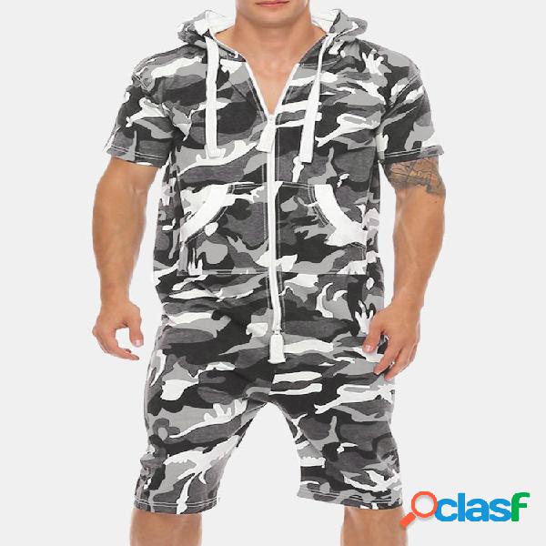 Mens Casual Home Jumpsuit Camo Zip Bolsos frontais com capuz