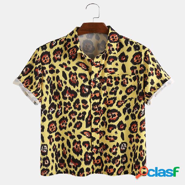 Mens Casual Leopard Print Allover Notch Collar Camisas de