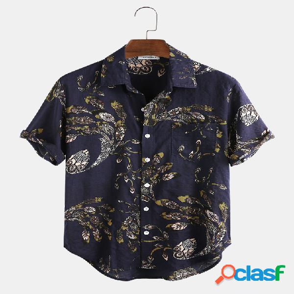 Mens Casual Peacock Padrão Camisas de manga curta de bolso