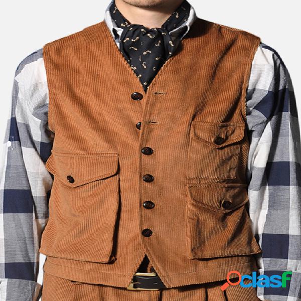 Mens Casual Retro Cotton Slim Coletes Multi-procket Mangas