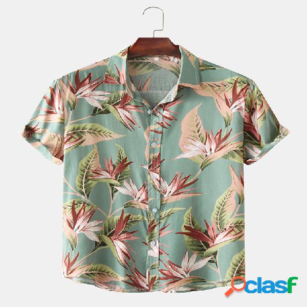 Mens Classical Óleo Print Folha Turn Down Collar Camisas de
