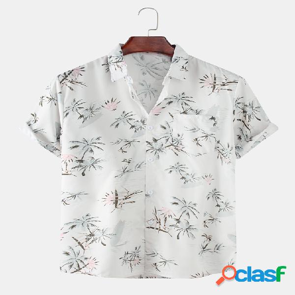 Mens Coco Trees Light Printed Lapel Pocket Camisas de manga