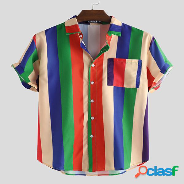 Mens Cool Rainbow Striped Patch Pocket Camisas de manga