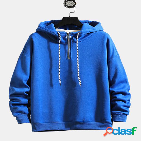 Mens Cool Solid Color Striped Drawstring Zipper Up Hoodies
