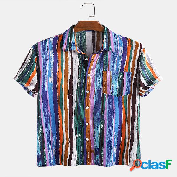 Mens Cotton Colorful Stripe Printed Tie-Dyed Holiday Casual