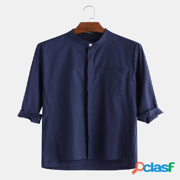 Mens Cotton Linen Casual Solid Plain 3/4 Manga Camisa