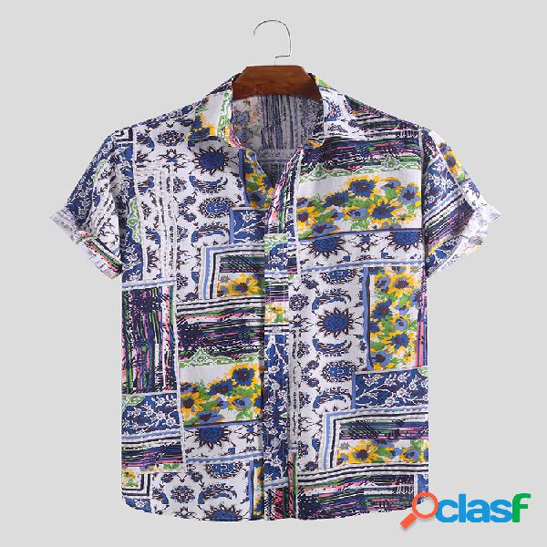 Mens Cotton Linen Ethnic Floral Printed Turn-down Collar