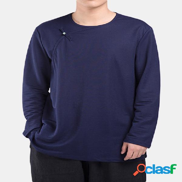 Mens Cotton Linen Solid Long Sleeve Loose Casual T-Shirt