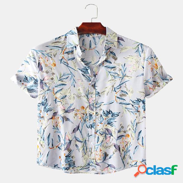 Mens Elegant Óleo Print Folha Turn Down Collar Camisas de