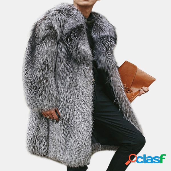 Mens Faux Fox Fur Mid-long Coat Espessado Quente Trespassado