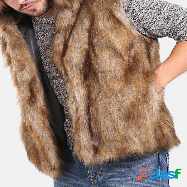 Mens Faux Fur Thickened casaco quente com capuz Slim Fit