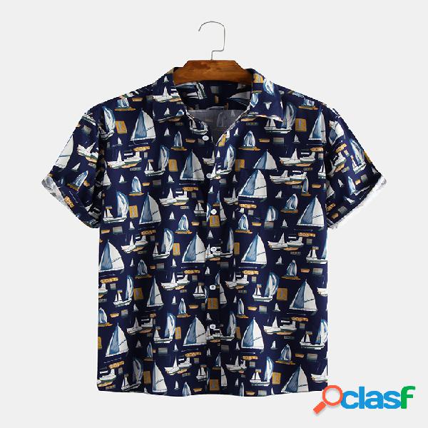 Mens Funny Sailboat Printed Turn Down Collar Camisas de