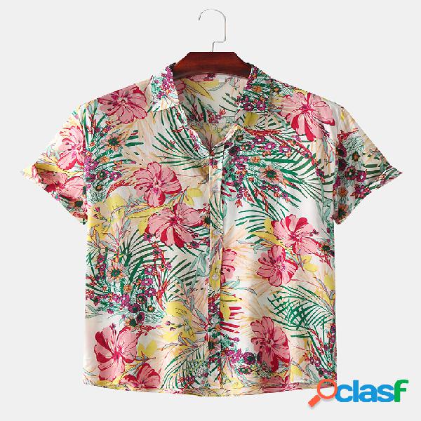 Mens Hawaii Flowers Print Turn Down Collar Camisas de manga