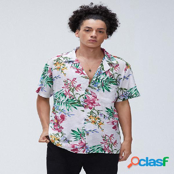 Mens Hawaii Flowers Print Turn Down Collar Casual Camisas de