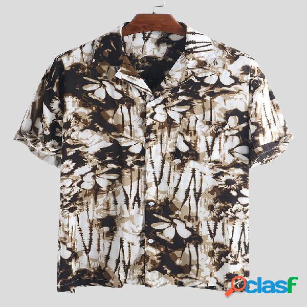 Mens Hawaiian Holiday Floral Printed Praia Algodão Turn