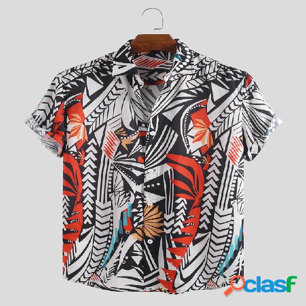 Mens Hit Color Abstract Printing Turn Down Collar Manga