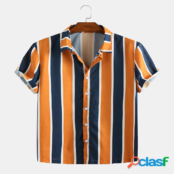 Mens Hit Color Stripe Impresso Turn Down Collar Manga Curta