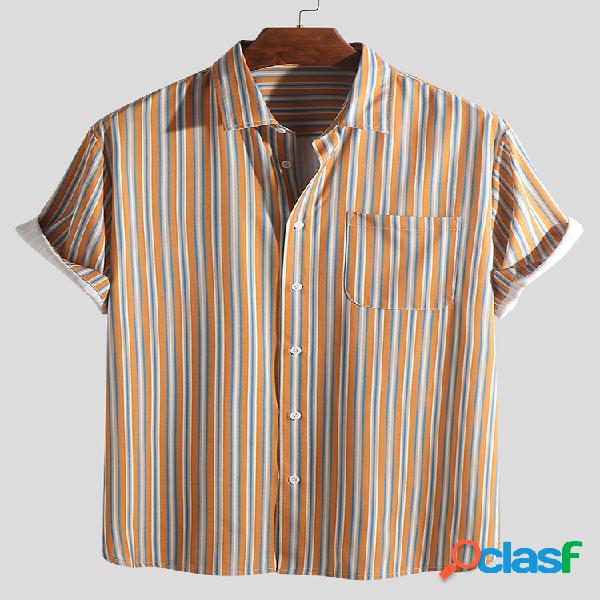 Mens Holiday Casual Colorful Stripe Printed Chest Pocket