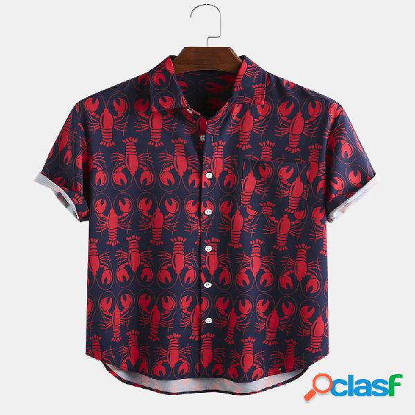 Mens Holiday Lobster Cartoon Impresso manga curta solta