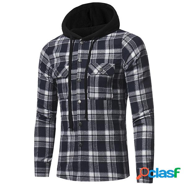 Mens Hooded Plaid Printing manga comprida Slim Fit Casual