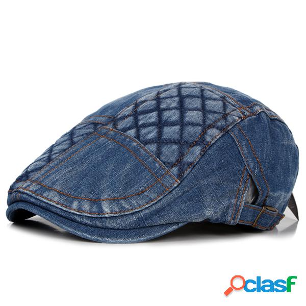 Mens Lavado Denim Cowboy Stitching Grid Boina Chapéu Casual