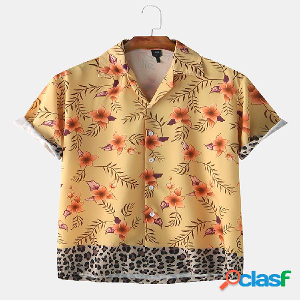 Mens Leopard Print & Floral Patchwork manga curta Camisa