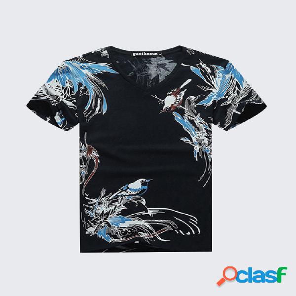 Mens Moda Magpie Impressão Estilo Folk T-shirt Casual V