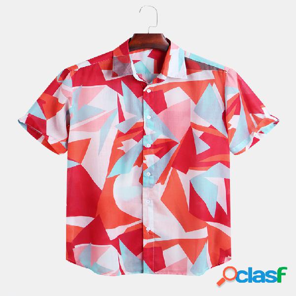 Mens Patchwork geométrico impresso casual manga curta solta