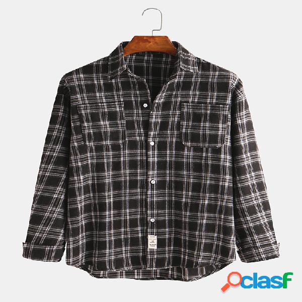Mens Plain Plaid Double Chest Pocket Camisas de manga