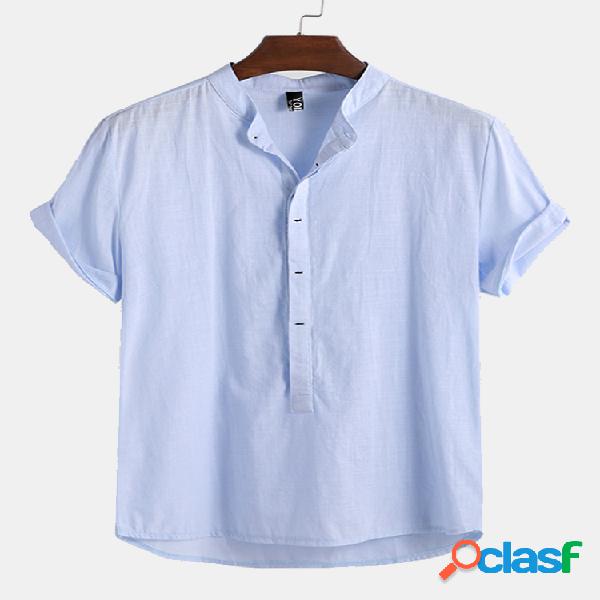 Mens Plain Solid Color Loose respirável manga curta Henley
