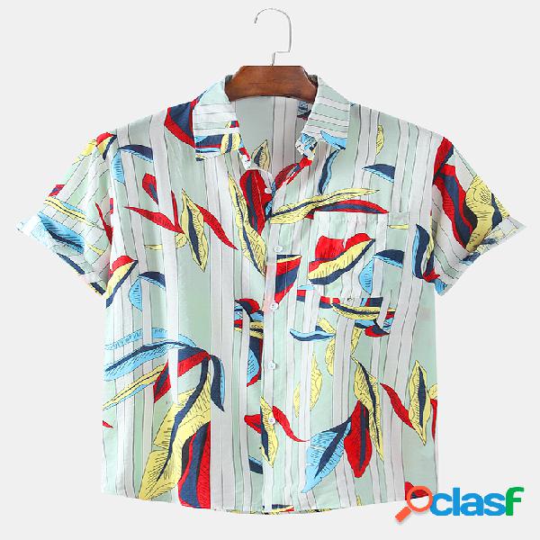 Mens Plain Stripe Folha Camisas de manga curta de bolso no